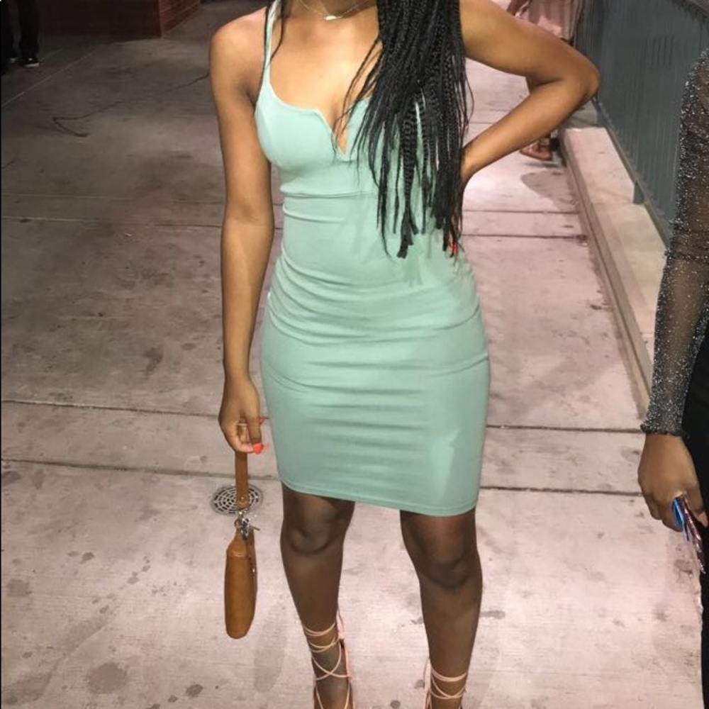 Teal Bodycon Dress with V-Cut and Cross Straps